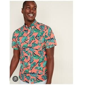 Old Navy Button-Up Shirt Medium Peach Chameleon Print Built-In Flex Tropical